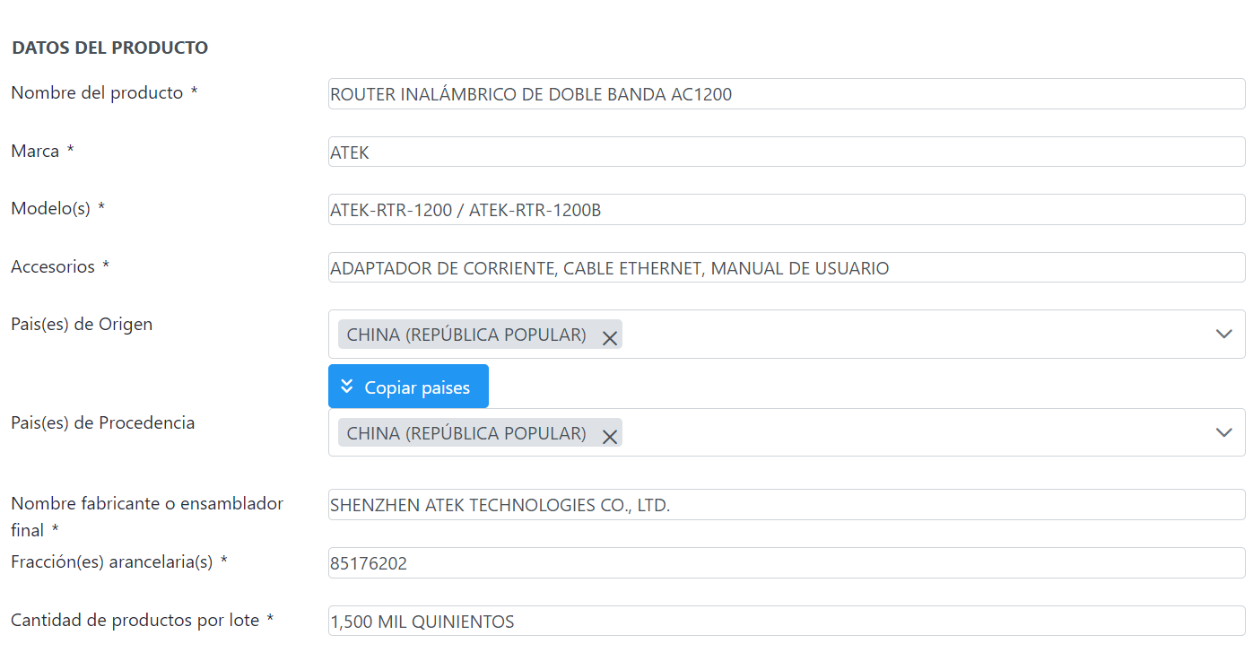 Datos del producto